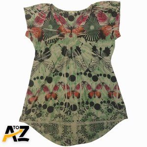 Vintage B Friends Womens Top Size L Green Butterfly Embellished Cap Sleeves Pull